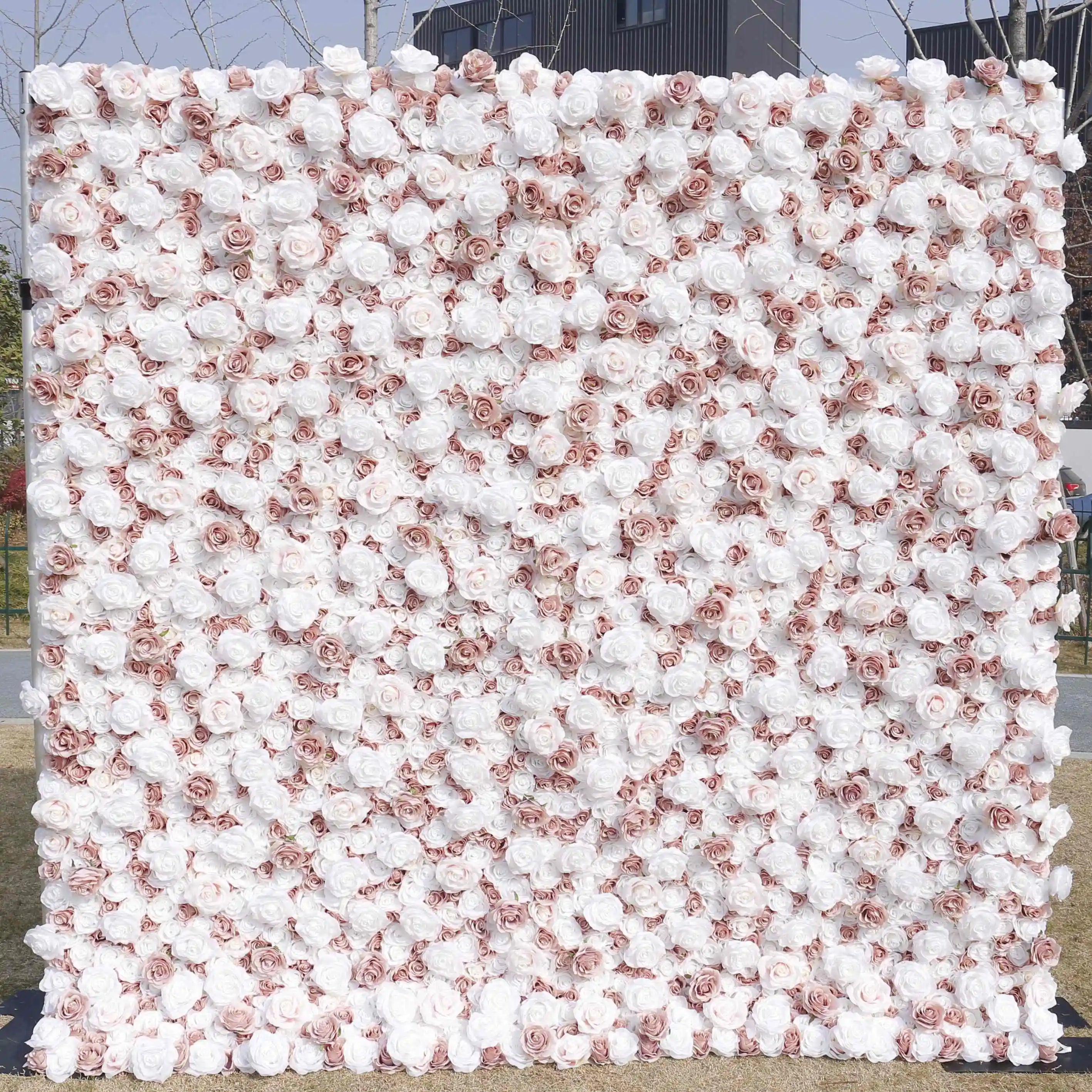 Wedding Party Decoration Roll up Flower Wall Backdrop Photograph Pure Rose Theme 3D Pink Decorative Artificial Flower Wall