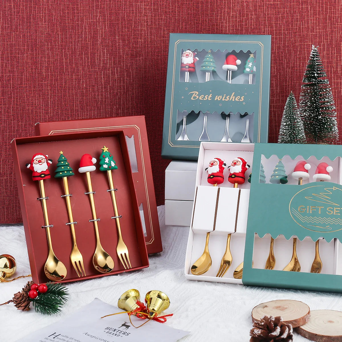 Christmas Father Tree Gift Teaspoon Cutlery Silicone Handle Stainless Steel Tea Coffee Spoon Set with Gift Box