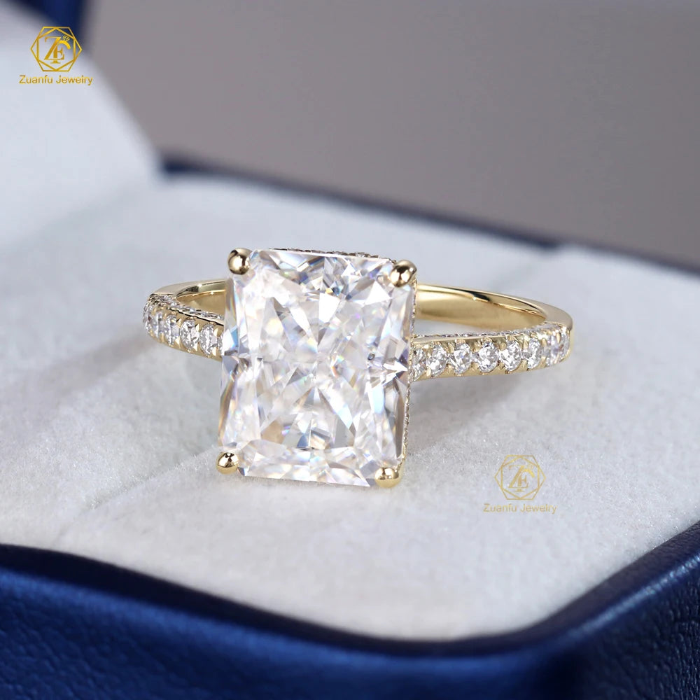 Trendy AU750 18K Solid Yellow Gold Big Size 9x11MM 5 Carat Radiant Cut Moissanite Diamond Engagement Ring