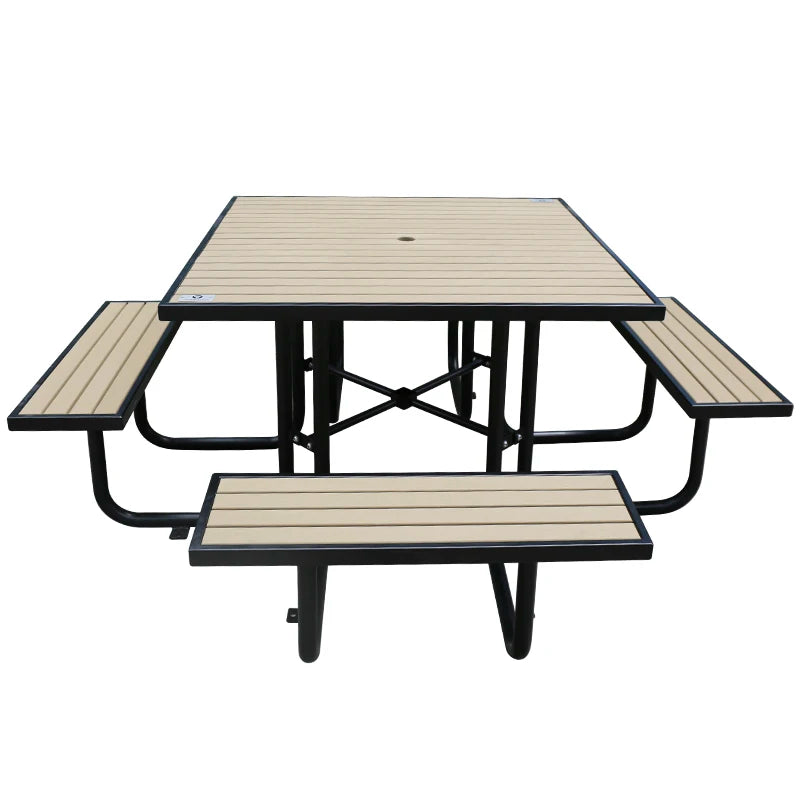 Outdoor Wood Plastic Composite Picnic Table Bench Garden Set Patio Commercial Hardwood Dining Table and Chair with Umbrella