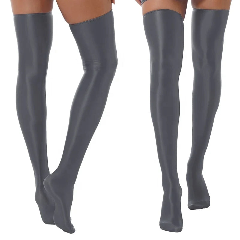 Hot Selling 1 Pair Womens  Costume Accessories Glossy Thigh High Stockings Solid Color Stretchy Socks