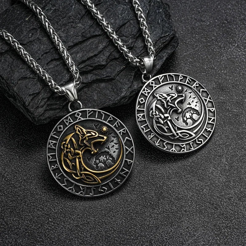 Stainless Steel Vintage Round Nordic Viking Rune-shaped Stainless Steel Wolf Head Personality Pendant Fashion Necklace