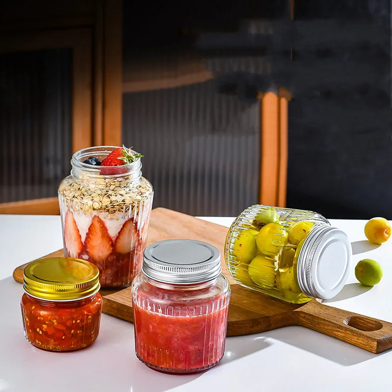150ml 250ml 380ml 500ml Vertical Stripe Glass Food Storage Mason Jars for Honey Pickle Salad Jam with Metal Screw Lid