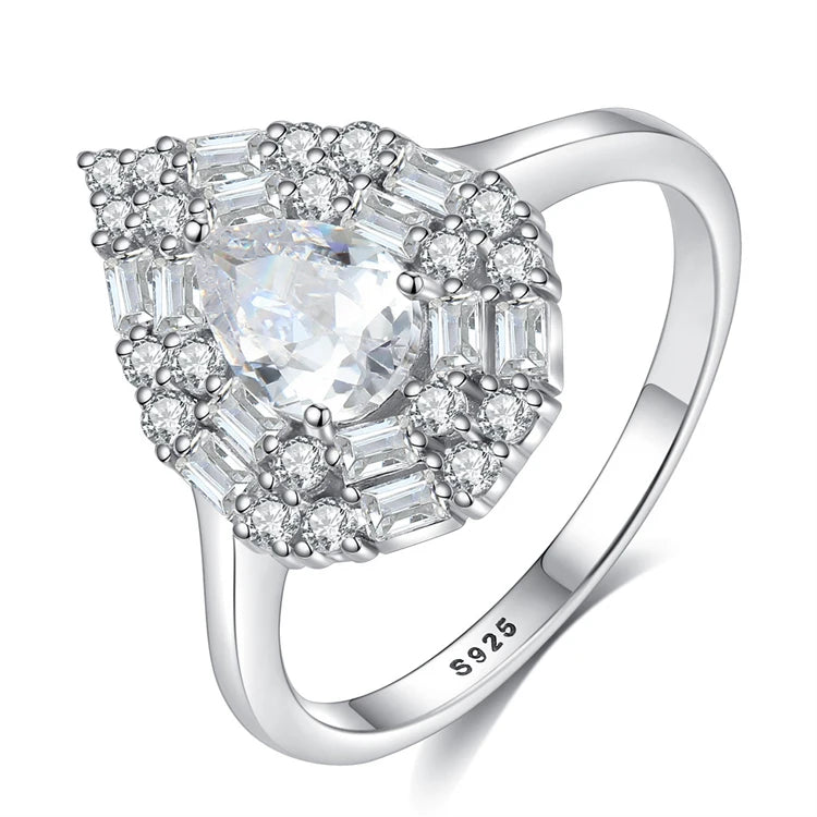 Fine Jewelry 925 Sterling Silver Water Drop Shape Diamond Engagement Rings for Women