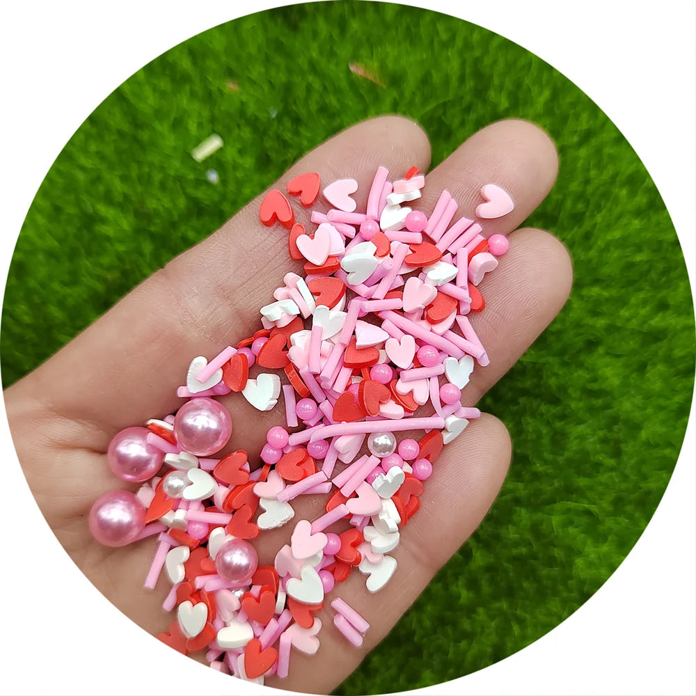 Valentine Mix Pink Red White Heart Pearl Beads Heart Polymer Clay Slices Slime Sprinkles Funfetti Slime Resin Fillers 0.5kg