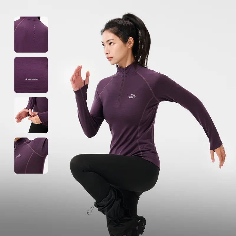 P-Series PELLIOT Outdoor Merino 200g 100% Wool T-shirt Women's Moisture-absorbent Quick-drying Sportswear Half Zipper t Shirts