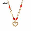 Red Beads Chain Zircon Hollow Heart Pendant 18K Gold Plated Choker Jewelry Stainless Steel Necklace for Women Girls