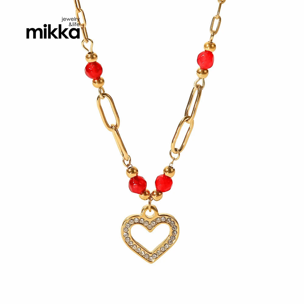 Red Beads Chain Zircon Hollow Heart Pendant 18K Gold Plated Choker Jewelry Stainless Steel Necklace for Women Girls
