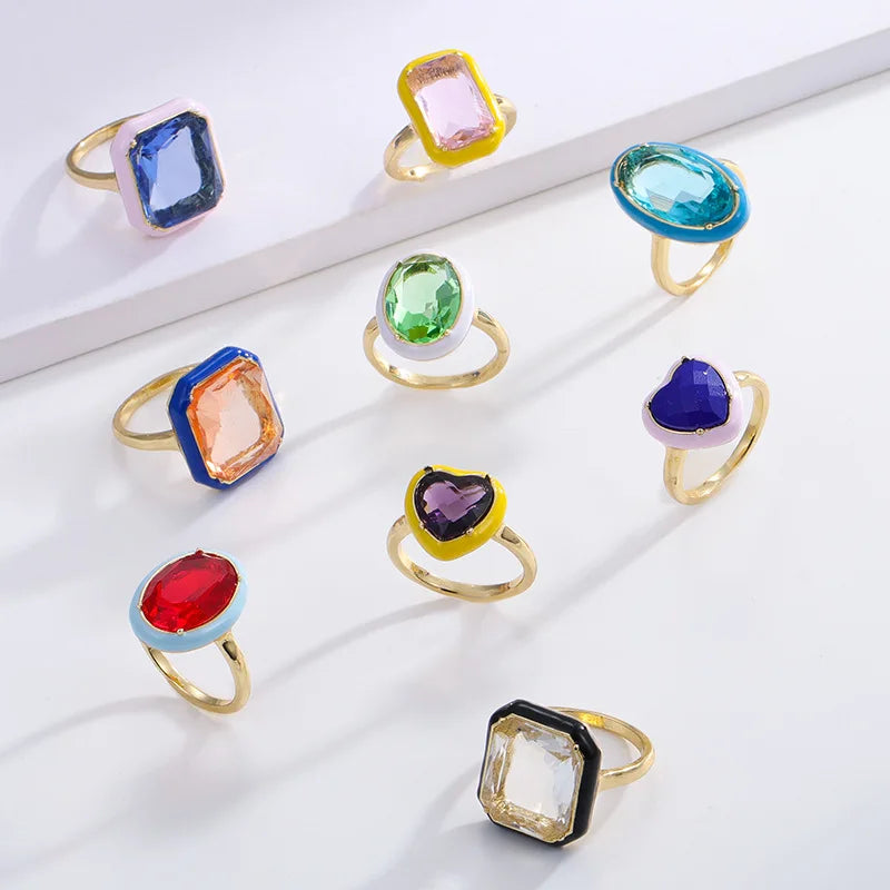 2022 New Collection Glass Enamel Ring Jewelry Colorful 18k Gold Plated Rings 5a Zircon Rings for Christmas Gifts