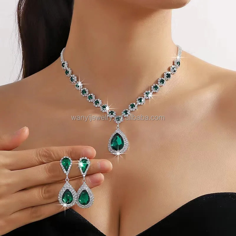 Water Drop Green Zircon Bridal Dress Accessories Necklace Earring Korean Jewelry Set