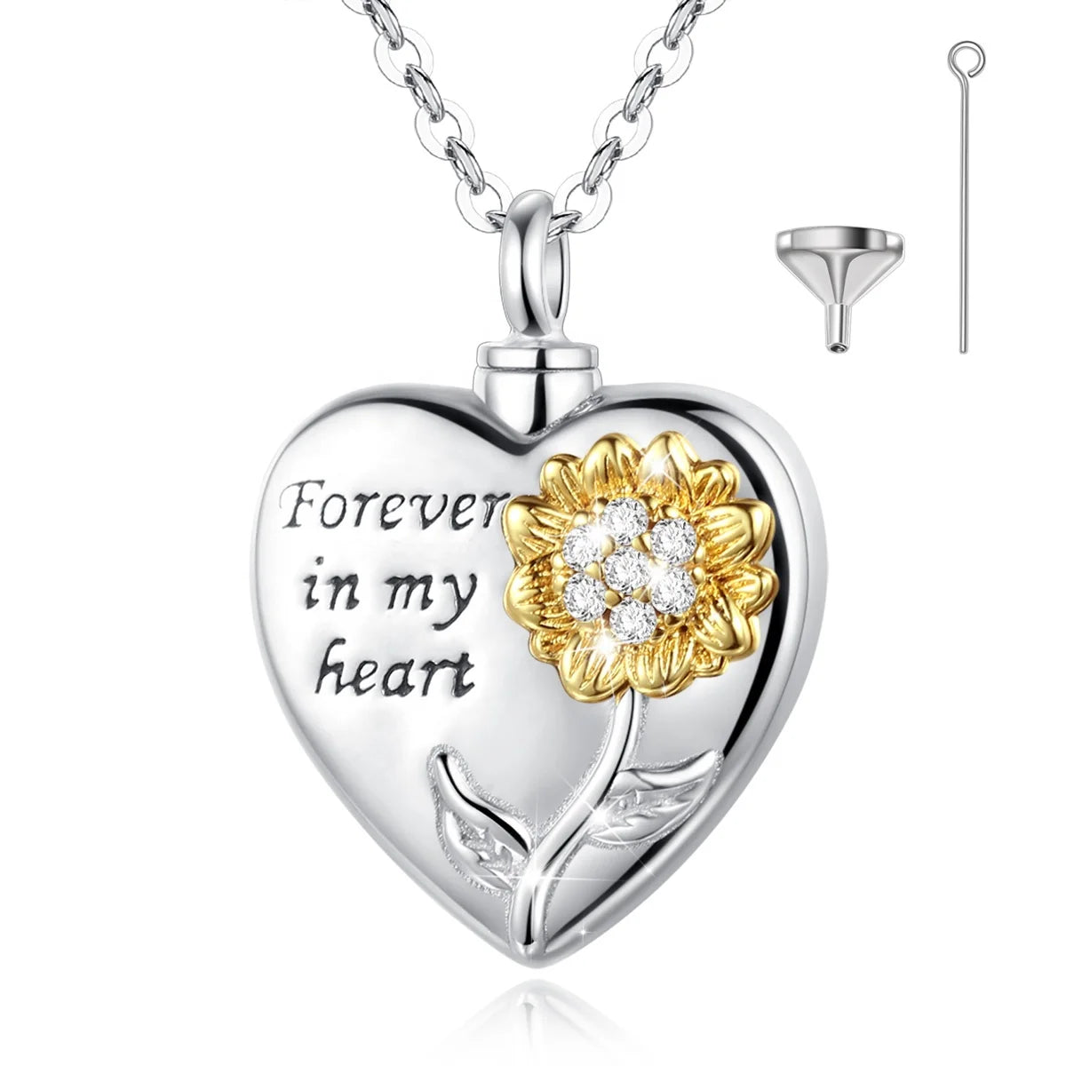 Isunni Customized S925 Sterling Silver Cremains Jewelry Heart Sunflower Design Engraved Urn Necklaces with Zircon for Party