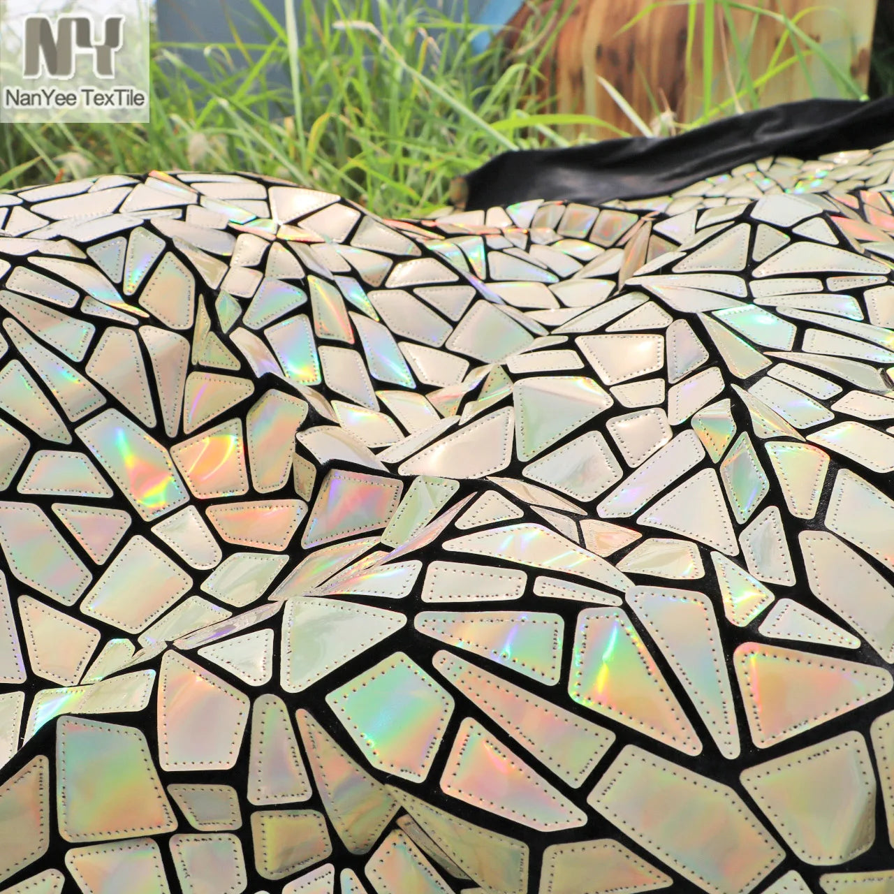 Nanyee Textile Laser Embroidery Gold Hologram Sequin Velour Fabric