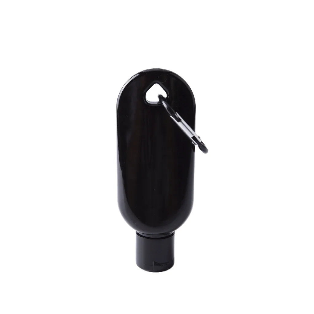 Wholesale 50ml Black PETG Hanging Hand Sanitizer Flip Cap Bottle With Carabiner Pump Seal Clip Empty Plastic Liquid Lotion Use