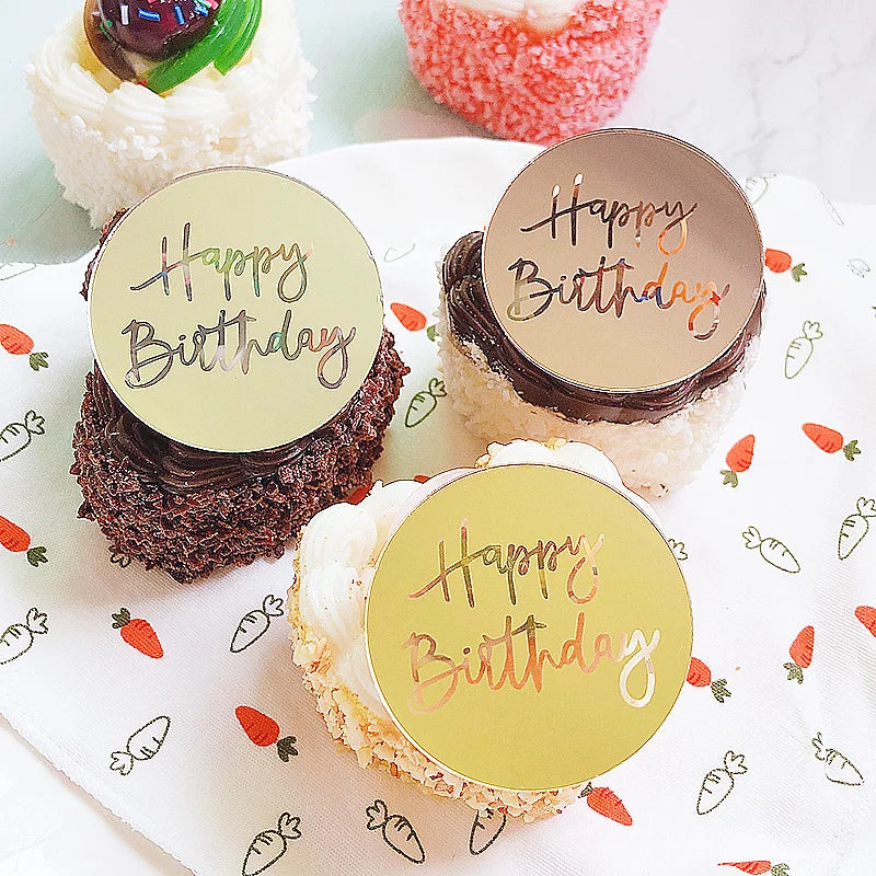 Acrylic Mirror Circle pink Gold Disc Happy Birthday Cupcake Topper for Ramadan Arab Eid Dessert Cake Decorations 5cm