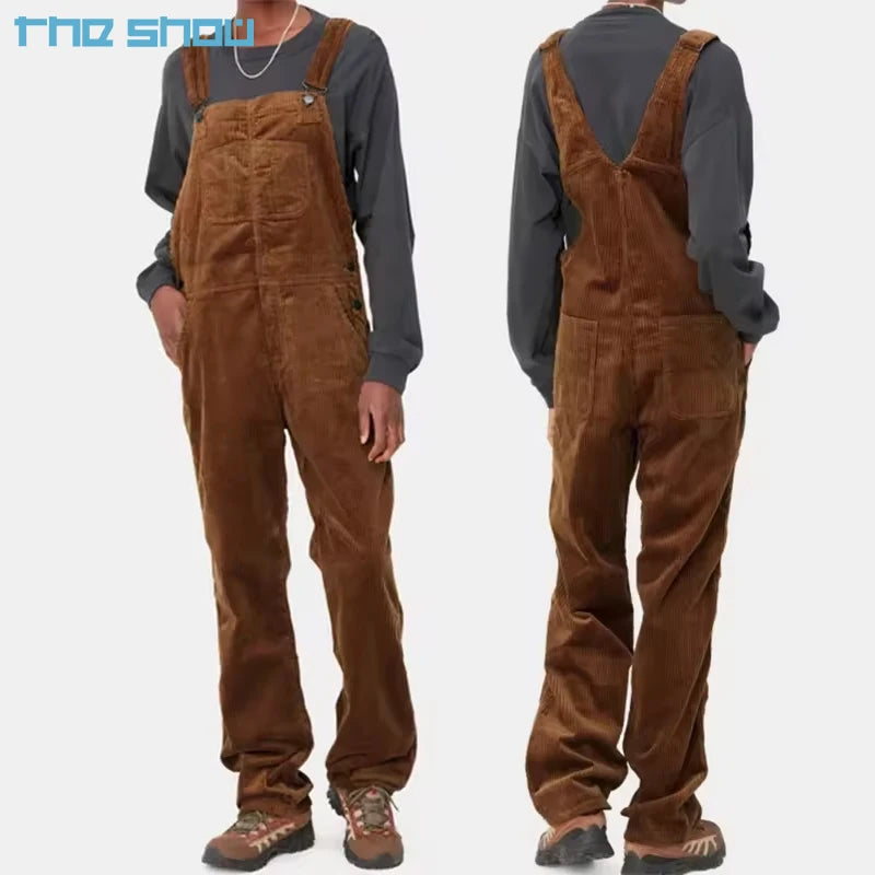 Multi Pocket American Style Casual Cargo Work Jeans Pants Corduroy Bib Overall Pants Straight Leg Dungaree Men