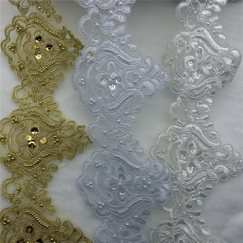 Pearl Beaded  Bridal Wedding Applique Lace  Trim for Edging Evening Dress