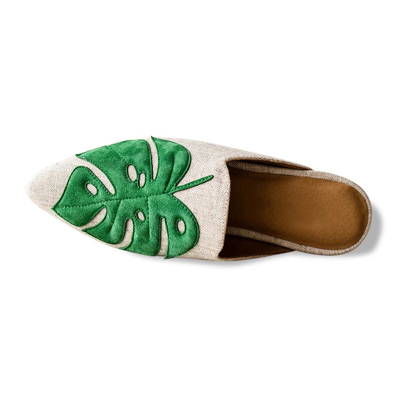 Embroidery Leaf Canvas Women Flax Fabric Slip-On Summer Fashion Trend Flat Point Toe Breathable Comfort Mules Slippers