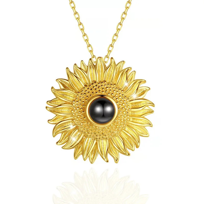 Trendy I Love You 100 Language Projection Charming Sunflower Pendant Necklace Elegant Clavicle Chain Necklace for Women Girls