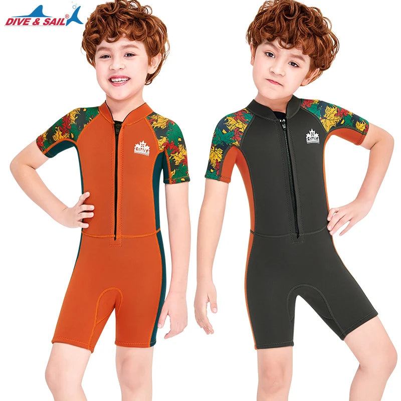 DIVE & SAIL Kids 2.5MM Warm Swimsuit Neoprene Shorty Front Zip Swimming Diving Surfing Wet Suit Boys One Piece Short Wetsuit
