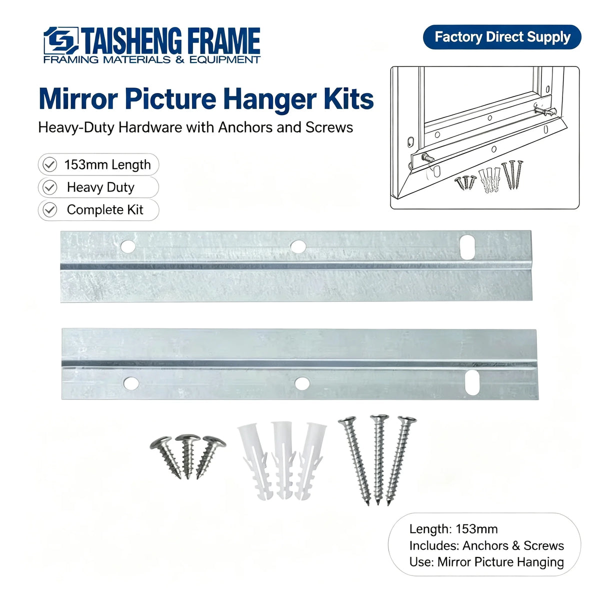 Heavy-Duty Mirror Picture Hanger Kits with Anchors and Screws Houseables Hardware for Mirror Hanging-Length 153mm TS-K308 MegaBDM
