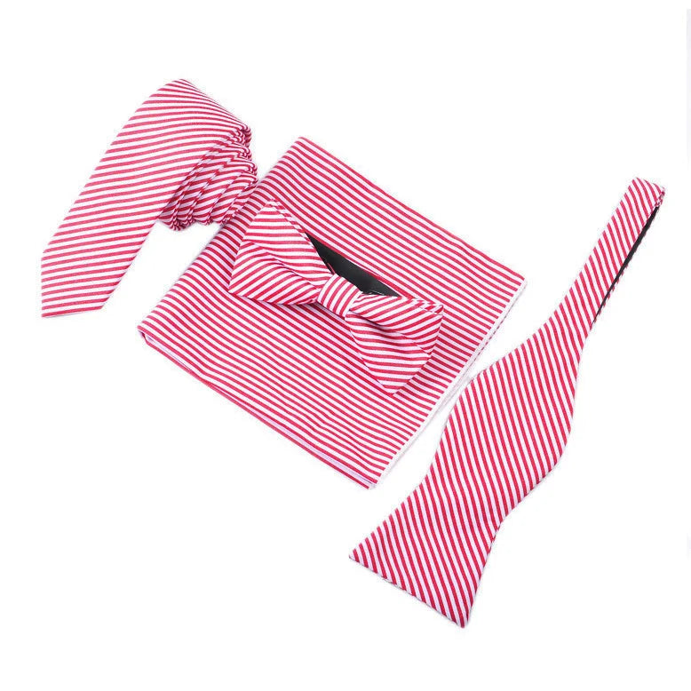 A Set of Four Pieces Red White Striped Cotton Men Ties Necktie Cravattes Pocket Square Bowtie Set