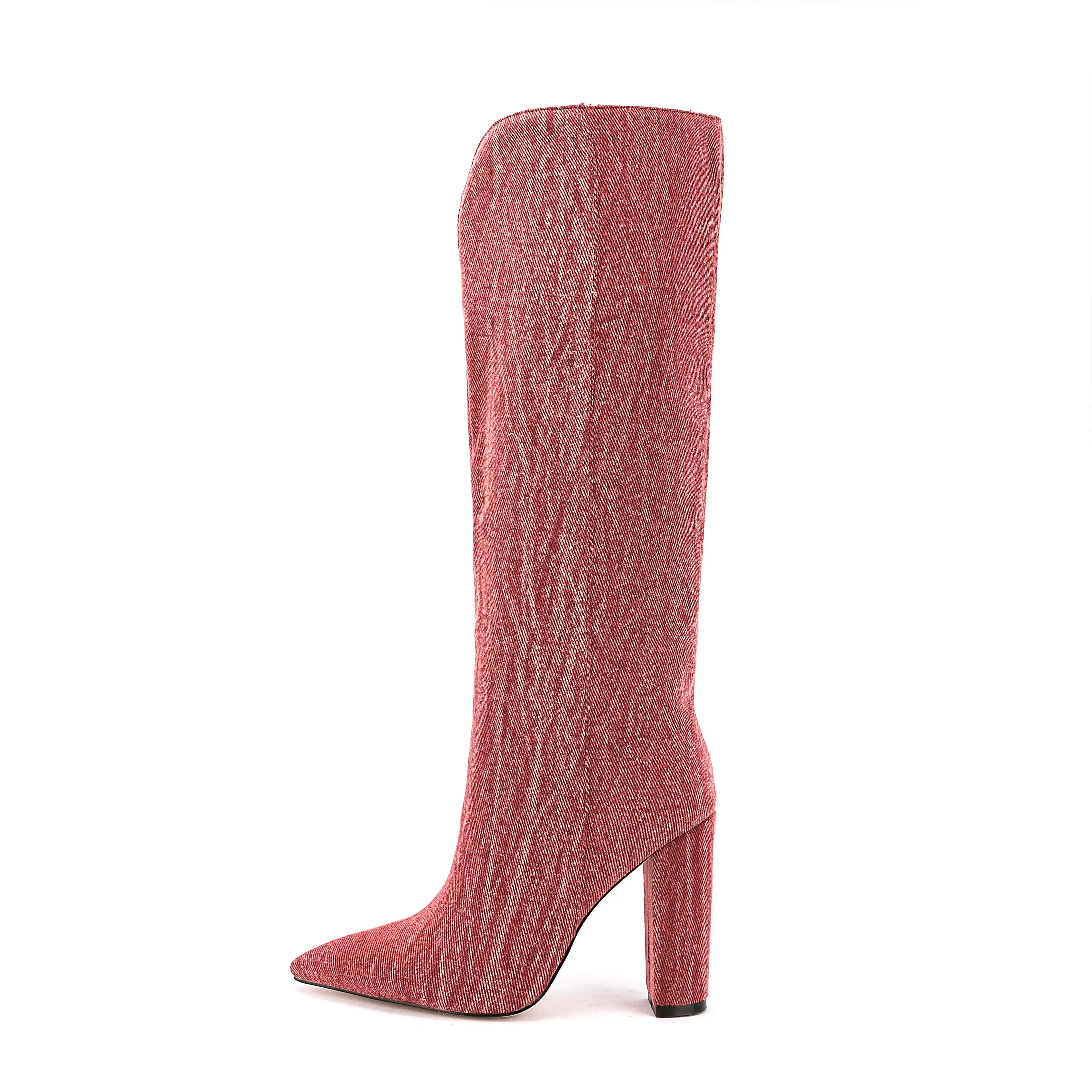 2022 Latest Red Denim Knee-High Women's Autumn/Winter Block High Heels 47 Pointed Toe Western Slip-On Boots Arch Support Plus