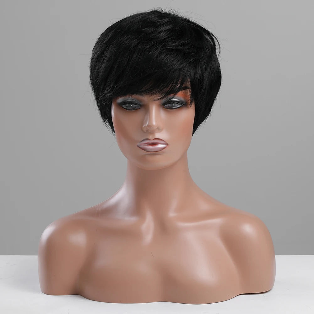 Wholesale Price Short Pixie Cut Black with Bangs Blend Human Hair Wigs for Women Daily Party