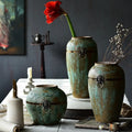 LINFEI Antique Green Ceramic Flower Vase with Metal Rim Matt Glaze Lion Decoration-Rustic Retro Home Decor