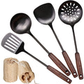 Cooking Utensils Stainless Steel Vintage Stir Fry Wok Spatula and Ladle Skimmer Ladle Tool with Wooden Handle Accessories Set