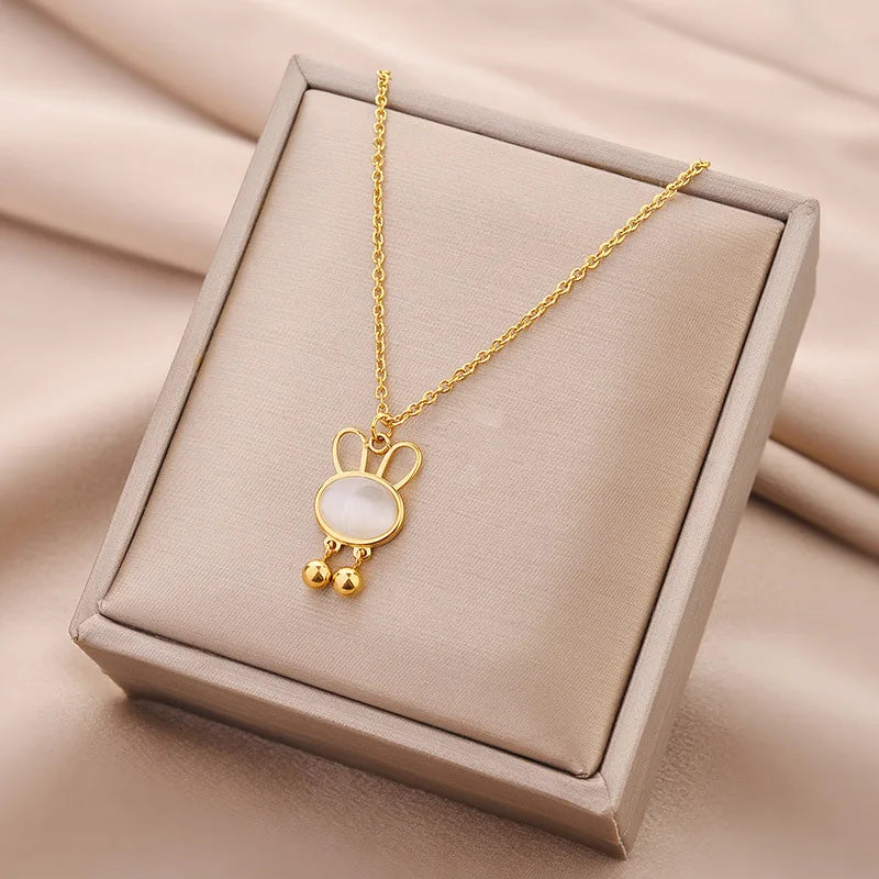 Minimalist Cute Animal Pendant Necklace Opal Rabbit Necklace Stainless Steel Necklace Women