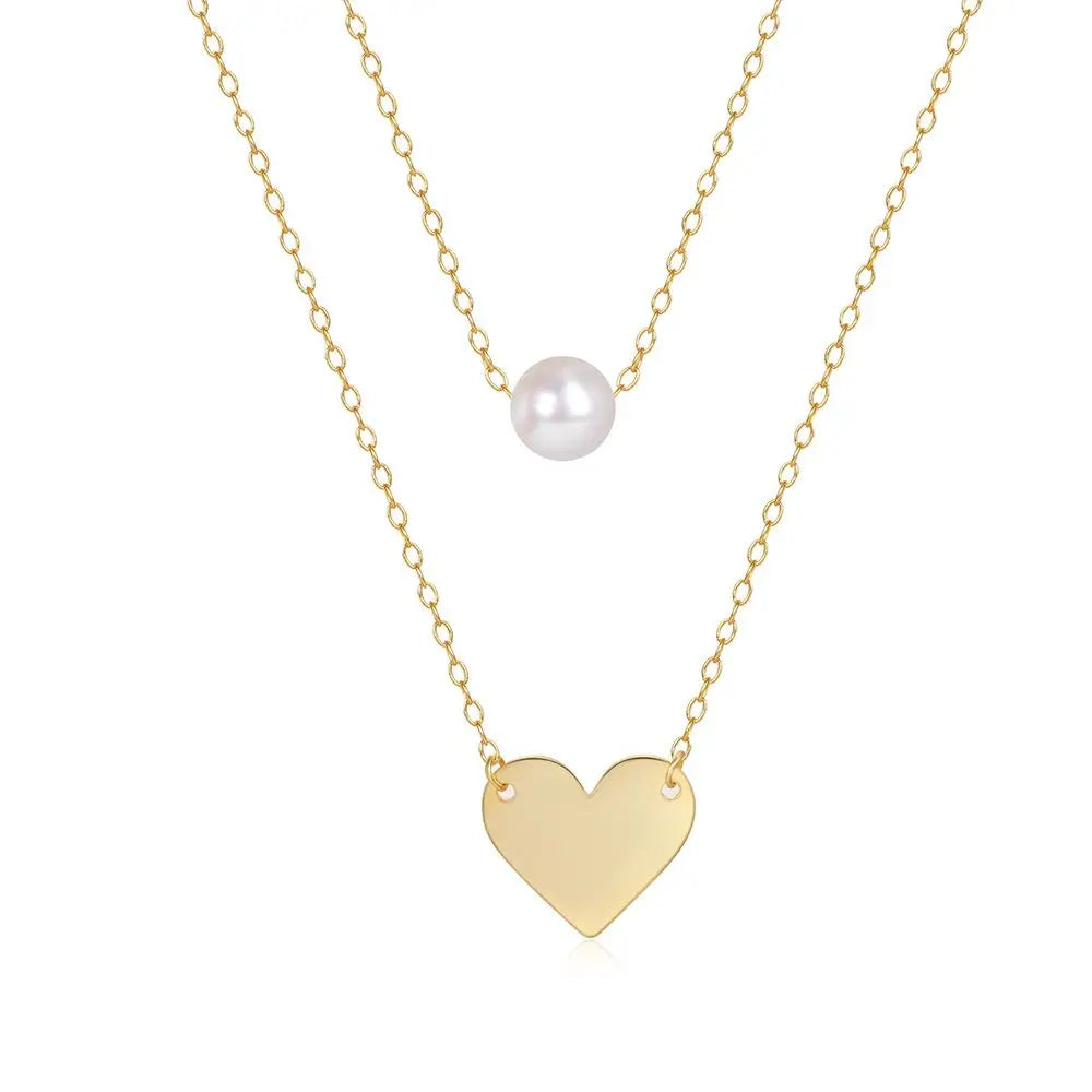 Fine S925 Sterling Silver Necklace Double Layered Pearl Heart18k Pure Gold Plated Pendant Necklace