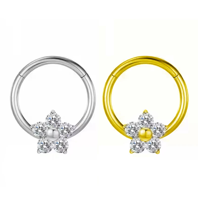 Titanium Body Jewelry Astm F136 Gold-Plated Cartilage Ear Piercing Flower Septum Ring with Zircon for Weddings and Engagements