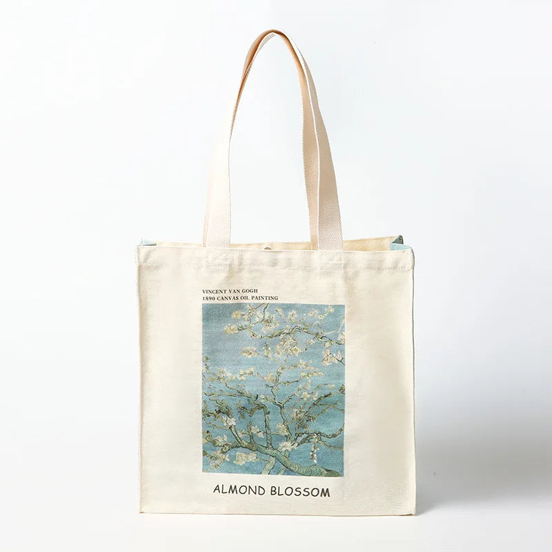 Large Custom Printed White Cotton Canvas Tote Bag with Pocket and Zipper Convenient Shopping Bags