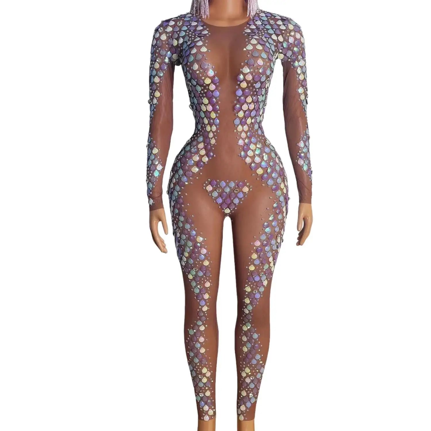 Sexy See Through Glitter Rhinestone Jumpsuit Big Size Fashion Lady Mesh Bodysuit Sequin Bodycon Romper Women One Piece Jumpsuits