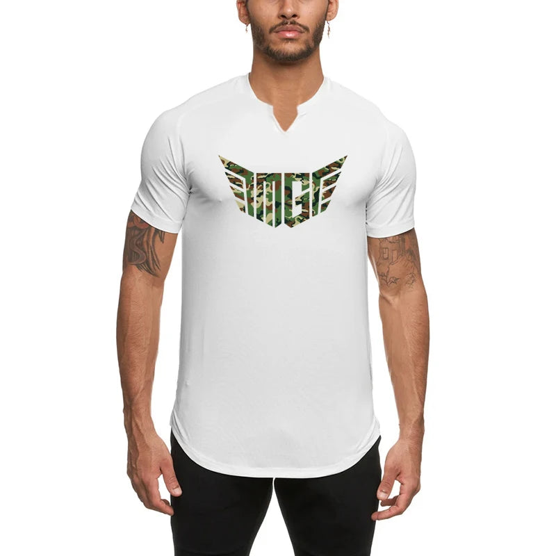 Compression V-neck Short Sleeve T Shirt Mens Summer Tight Gym Clothing Fitness Bodybuilding Sports Shirt Muscle Workout T-shirt