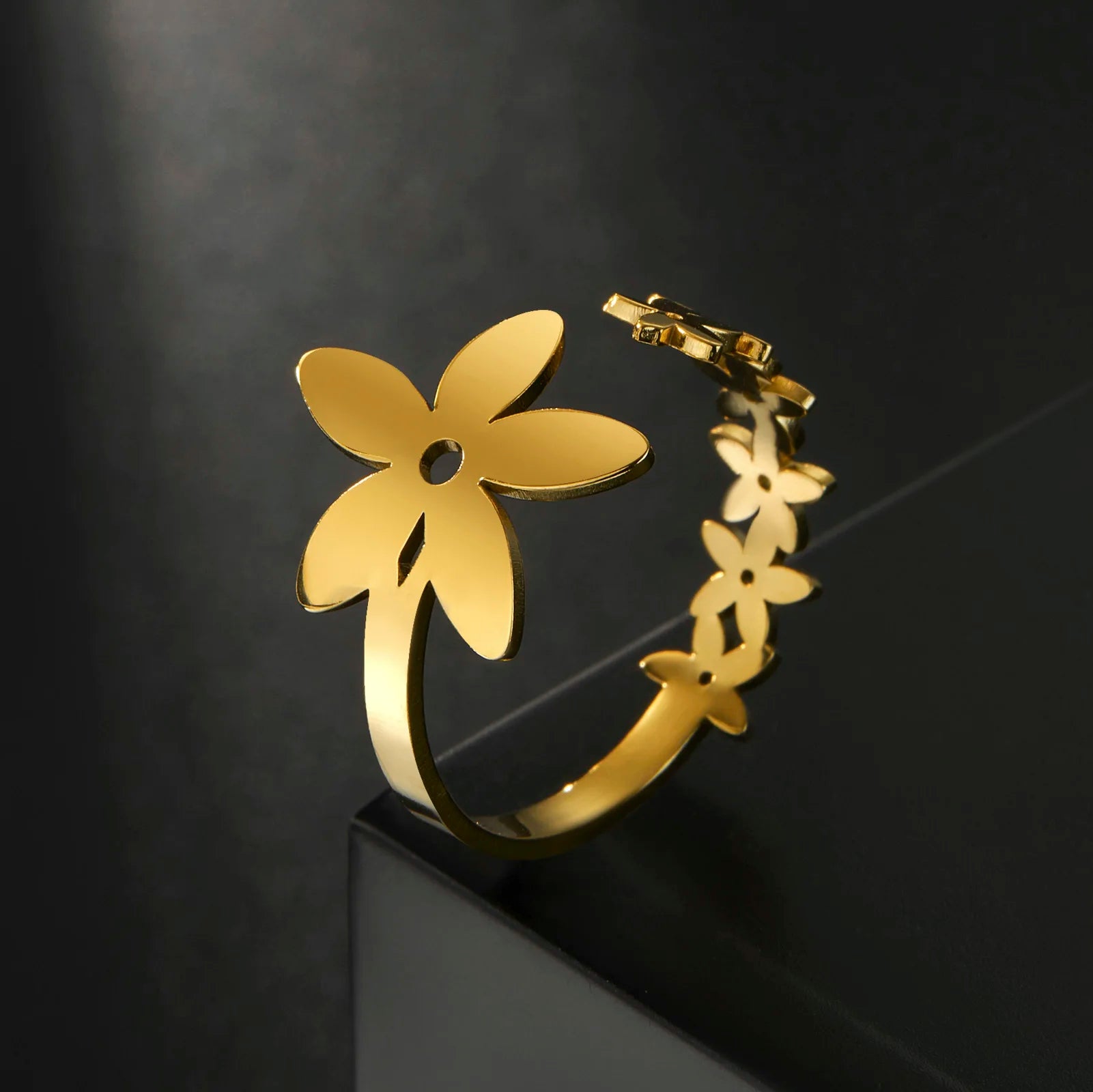 Myshape Women Korea Flower Ring Stainless Steel Gold Color Boho Adjustable Open Finger Rings 2022 Fashion Jewelry Gift for Lover