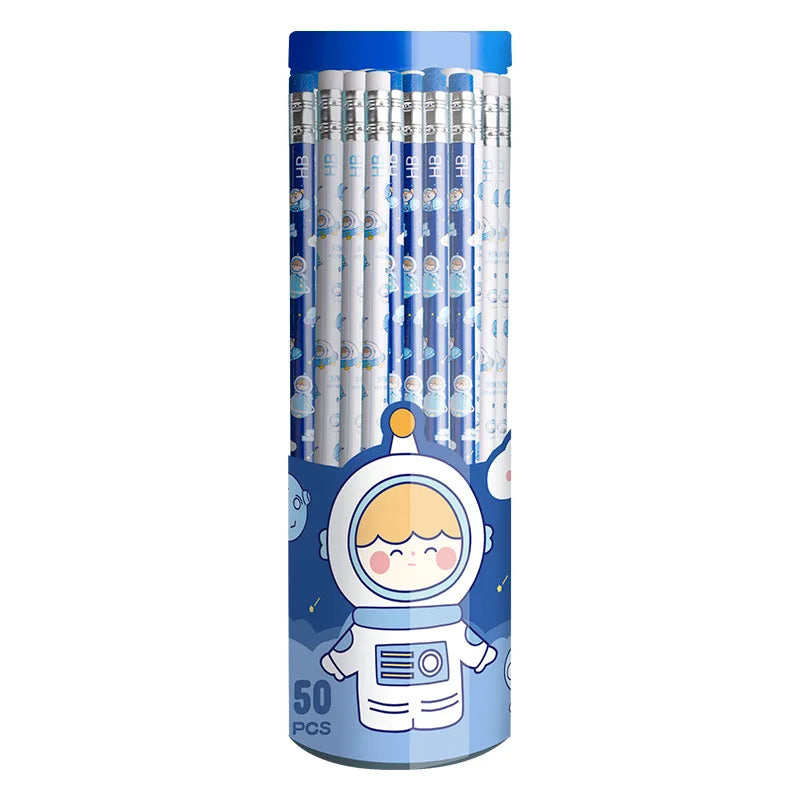Wholesale Cartoon Kawaii Exquisite Pattern Pencil Set 50Pcs/Roll Raw Wood Pencils with Eraser Cute and Cute Standard Pencils