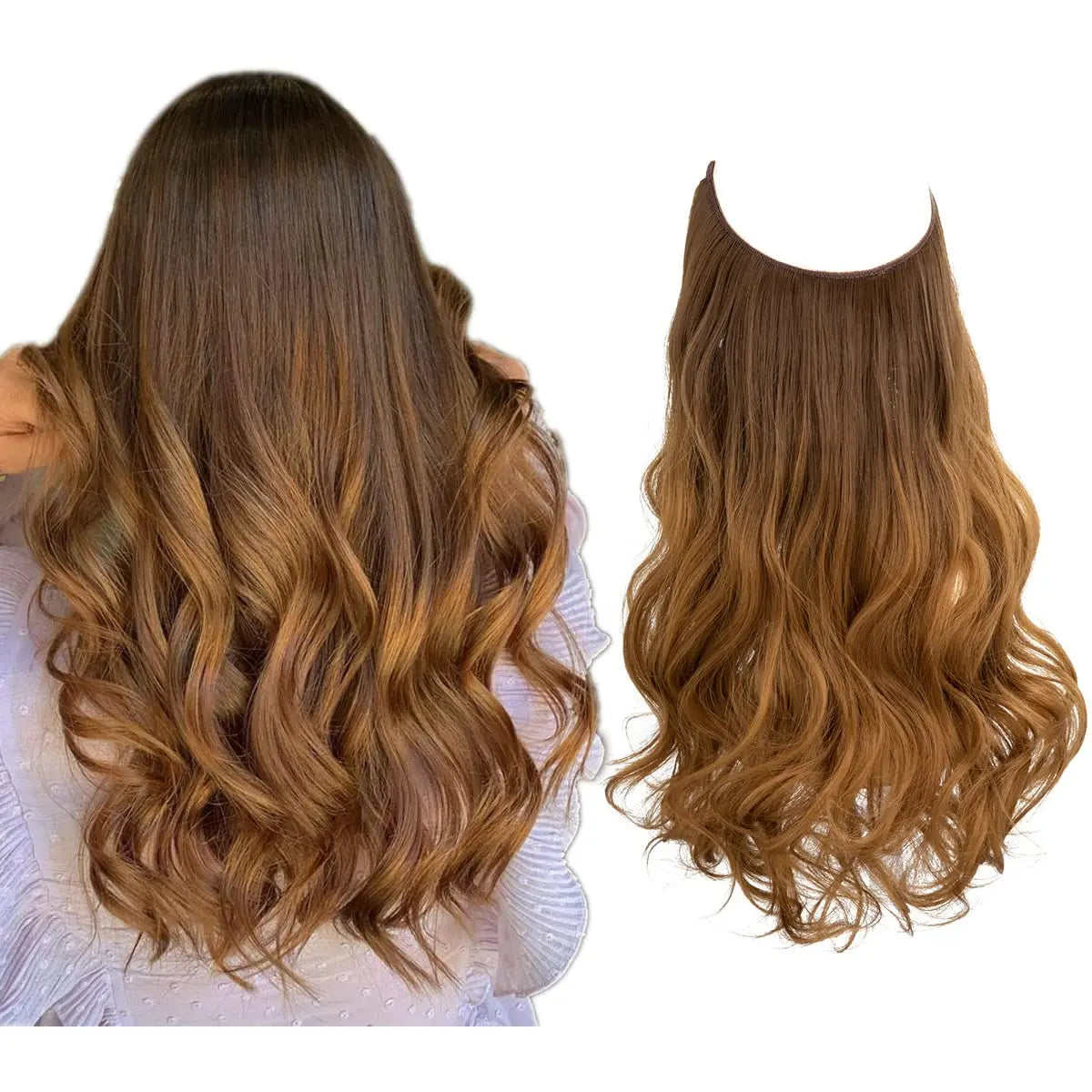 SARLA Invisible Wire Double Weft Synthetic Malaysian Non-Remy Hair Extension Wavy Curly Brown Golden Short 12 Inch Adjustable