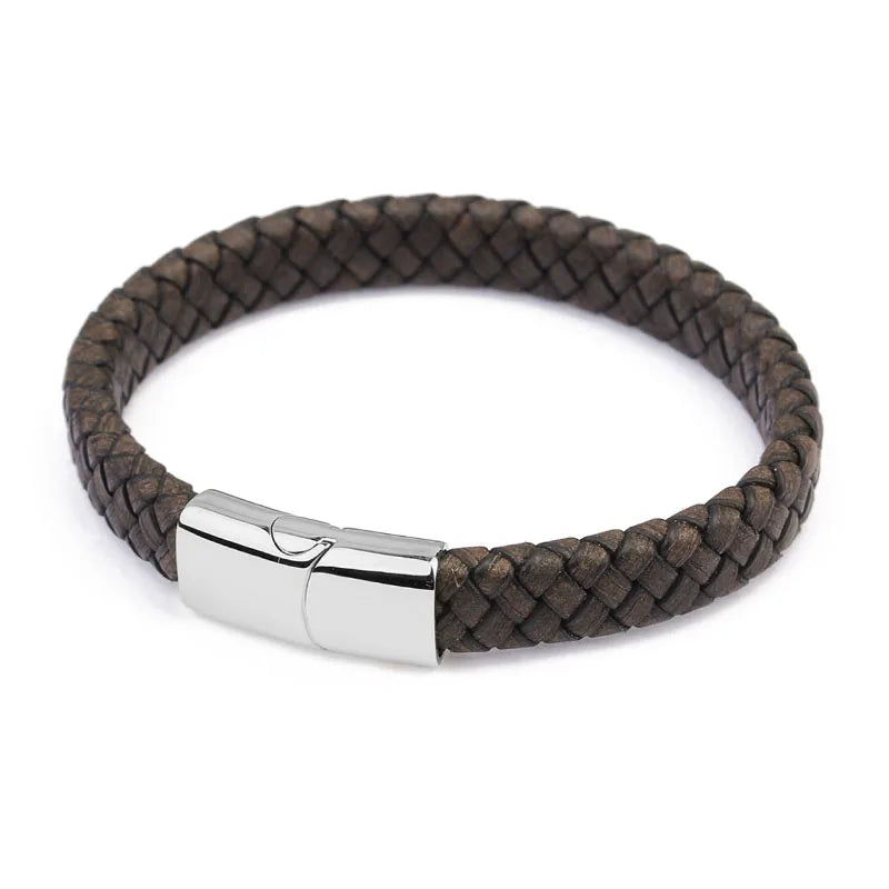 Personalized Stainless Steel Magnetic Braided Cuff Genuine Leather Bracelet Engraving Name/Symbol Customized Bangle Wristband
