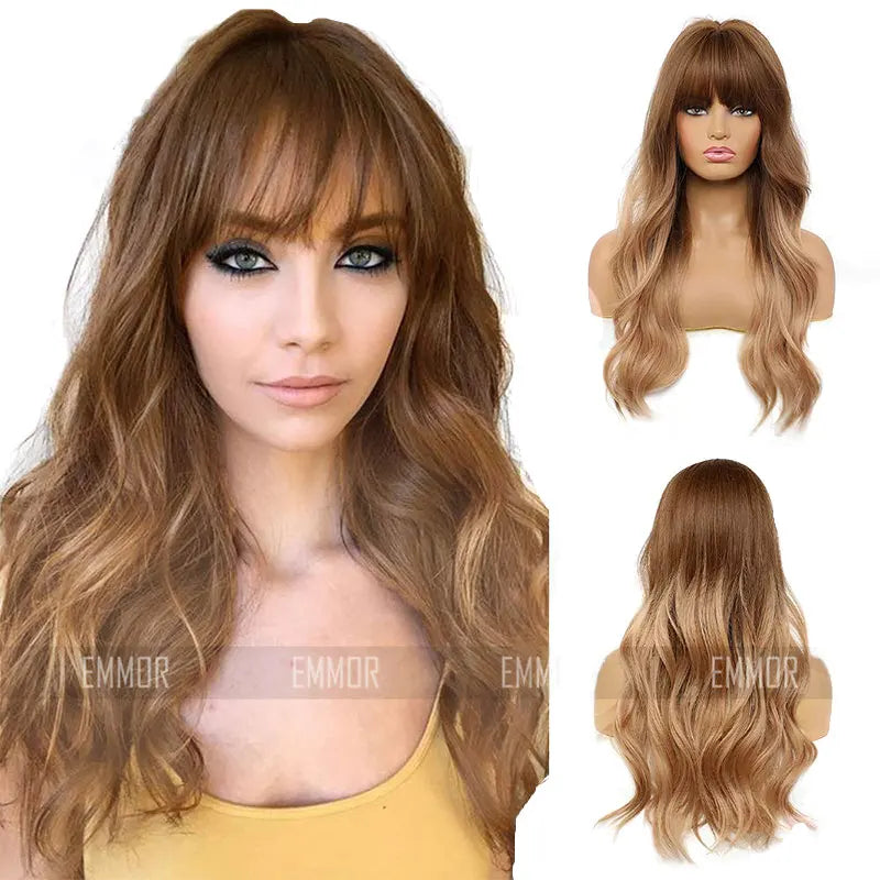 FUJIA Brown Women's Long Straight Layered Wig with Bangs Highlight Color Heat Resistant Fiber Synthetic Large Cap Size