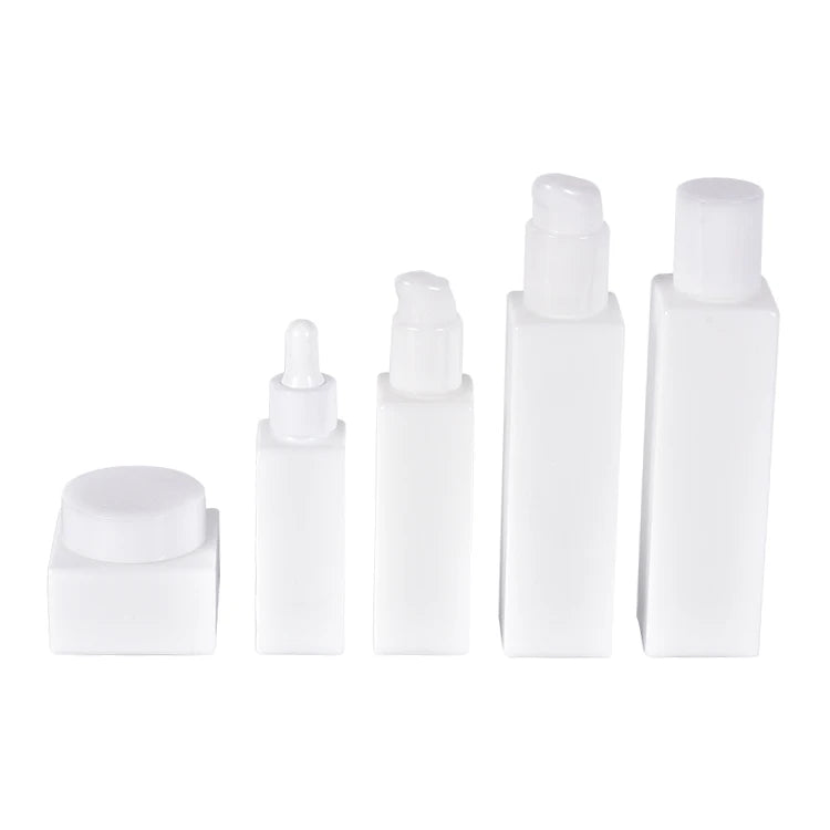 Multifunction White Opal Plastic Square Glass Jar Set with Pump Sprayer for Skin Care Packaging and Cosmetic Bottles