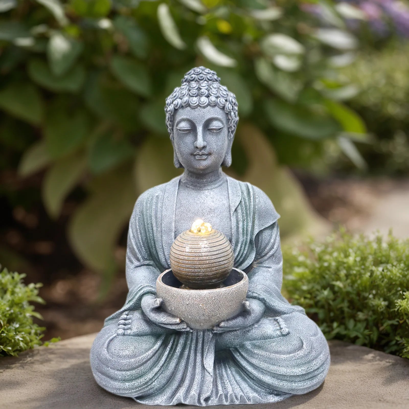 Wholesale Custom Zen Relaxation Outdoor Freestanding Water Fountain Resin Sitting Buddha Statue Water Fountain With Led Lights