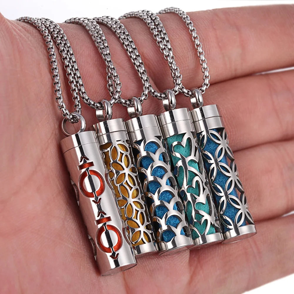 European American Jewelry Wholesale Stainless Steel Aromatherapy Pendant Necklace Perfume Bottle Cut Cylindrical Fashion