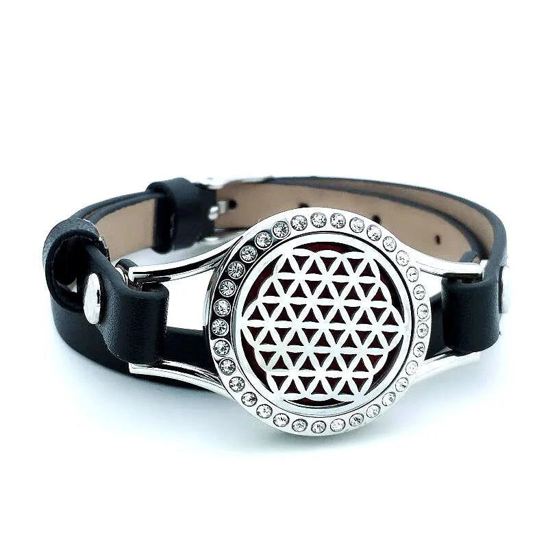 25 mm 316L Stainless Steel Aromatherapy Essential Oil Diffuser Life Flower Leather Fashion Bracelet