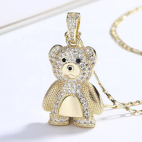 Cute and Funny White AAA Cubic Zircon Teddy Bear Pendant Fine Fashion Jewelry Necklace for Women