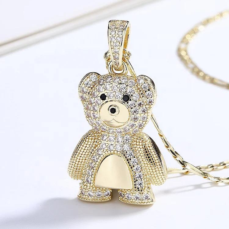 Cute and Funny White AAA Cubic Zircon Teddy Bear Pendant Fine Fashion Jewelry Necklace for Women