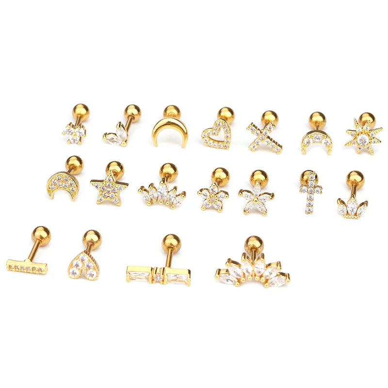 Cubic Zirconia Hypoallergenic Stud Earrings Star Moon Shape Screw Back Stud Tiny Body Piercing Earrings
