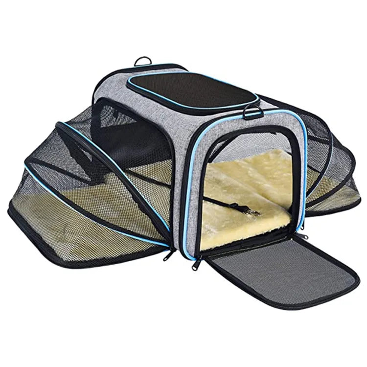 Airline Approved Eco-Friendly Cotton Soft Sided Expandable Pet Carrier Zipper Closure Fleece Pad for Cats Puppies Travel Handbag