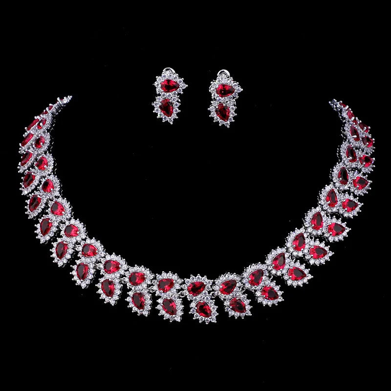 New Trendy Crystal Wedding Jewelry Set Shiny Diamond Necklace Earrings Set Luxury Zircon Bridal Jewelry Set for Women