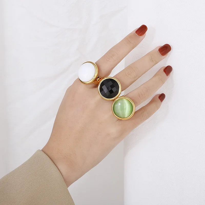 High-End Gold Plated Stainless Steel Ring Non-Tarnish Pearl Natural Stone Geometric Gemstone Fashionable Classic Anillos De